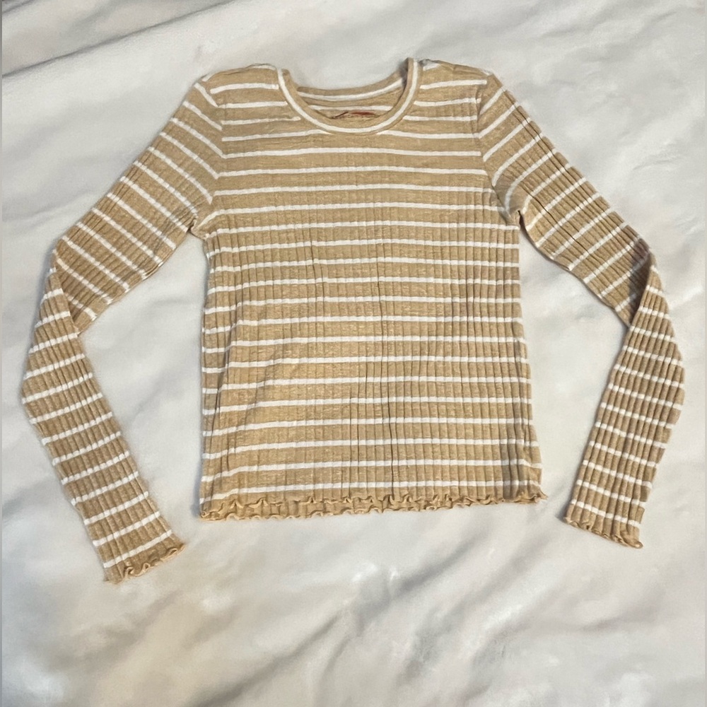 American Eagle Outfitters Tan and White Striped Long Sleeve Tee